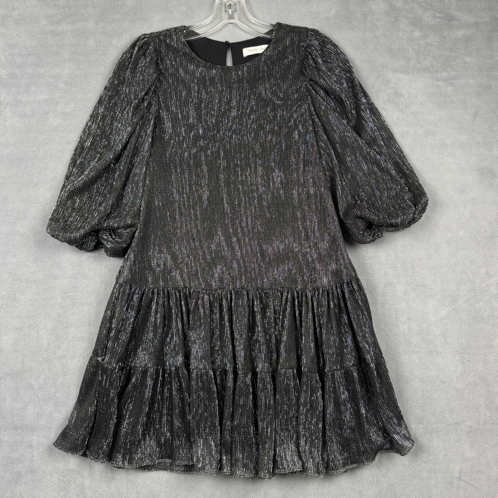 Mustard‎ Seed Metallic Silver Black Puff Sleeve Tiered Ruffle Mini Dress Small